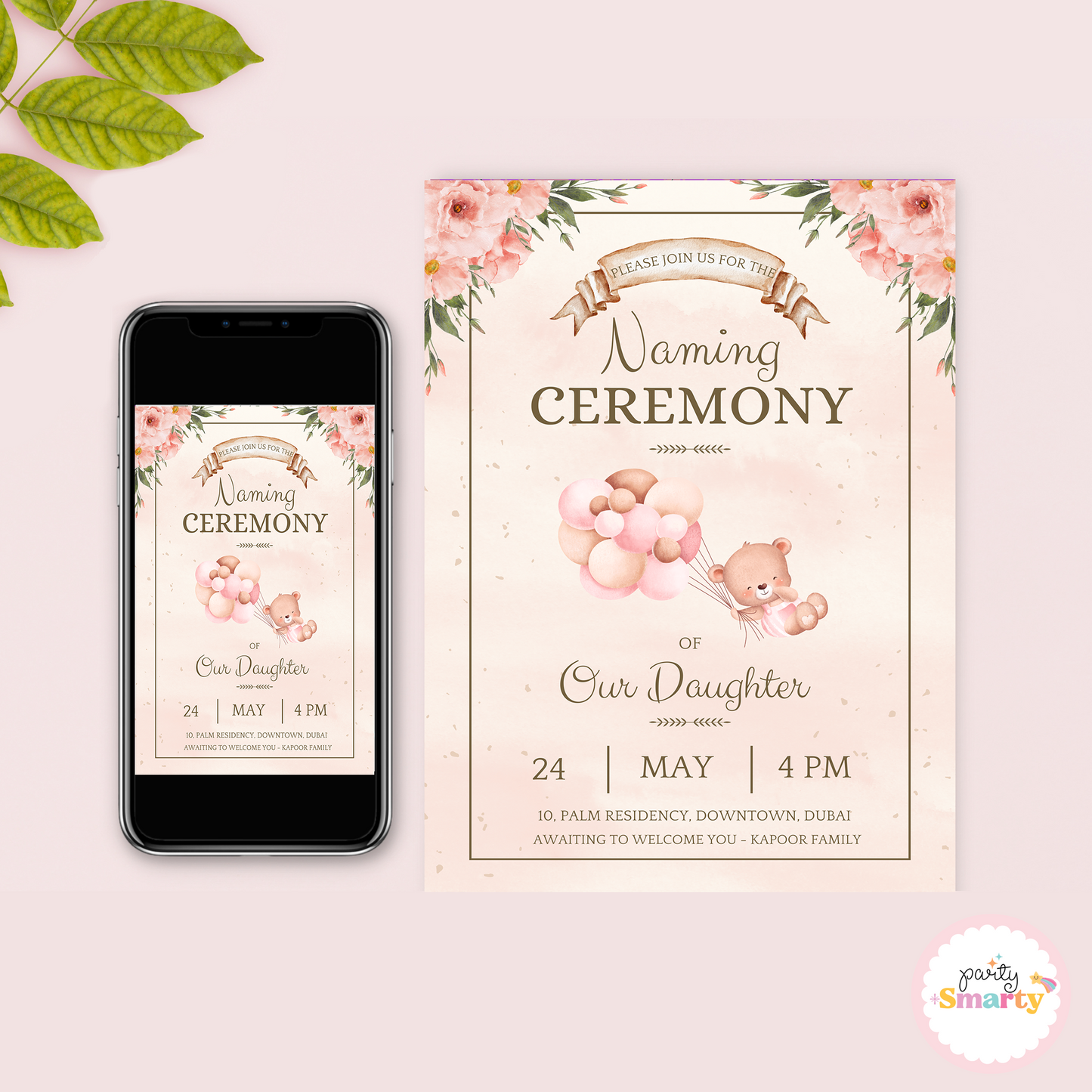 Beige and brown floral Naming Ceremony Invite