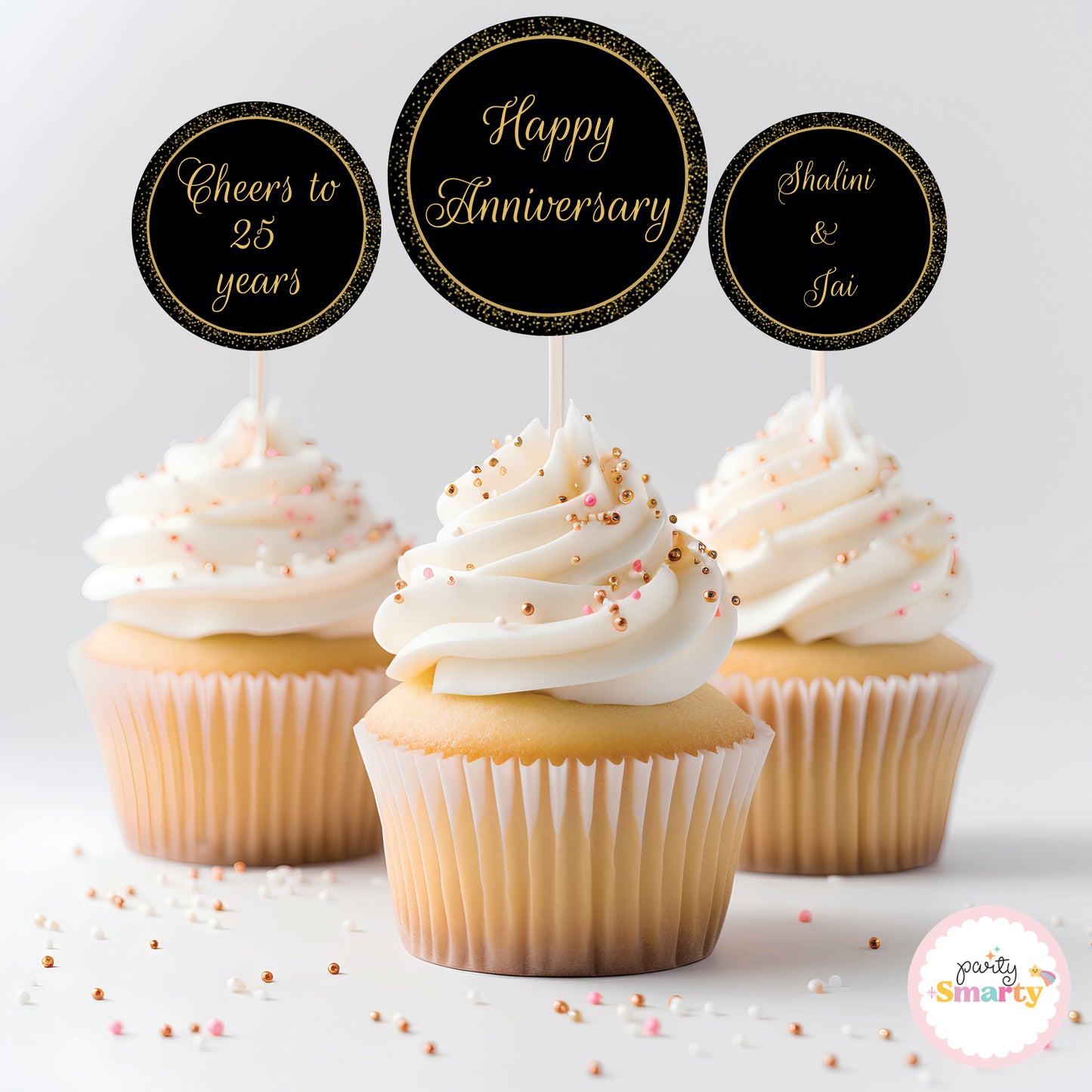 Black Golden Glitter Anniversary Cupcake Toppers (Set Of 12)