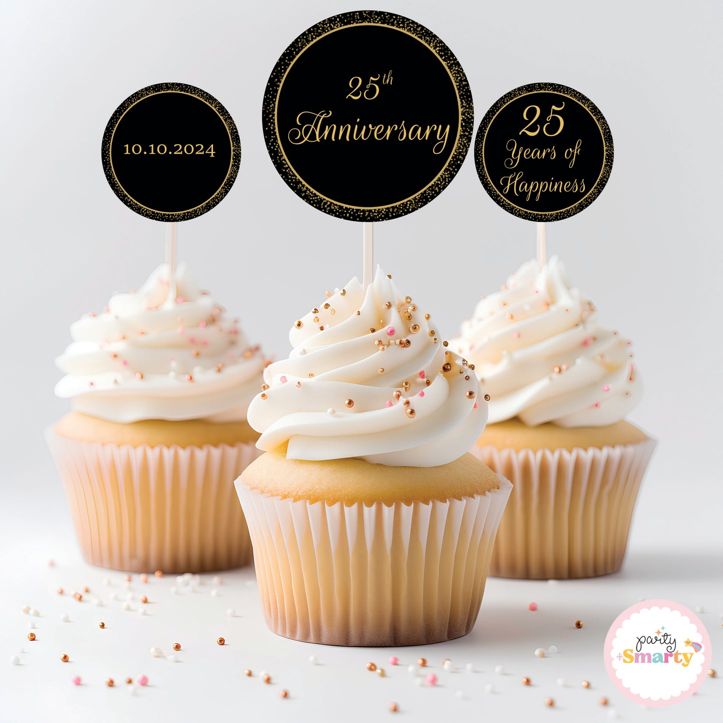 Black Golden Glitter Anniversary Cupcake Toppers (Set Of 12)