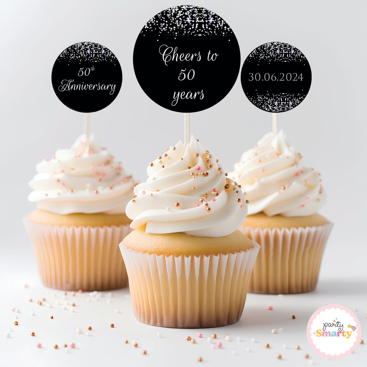 Black Silver Glitter Anniversary Cupcake Toppers (Set Of 12)