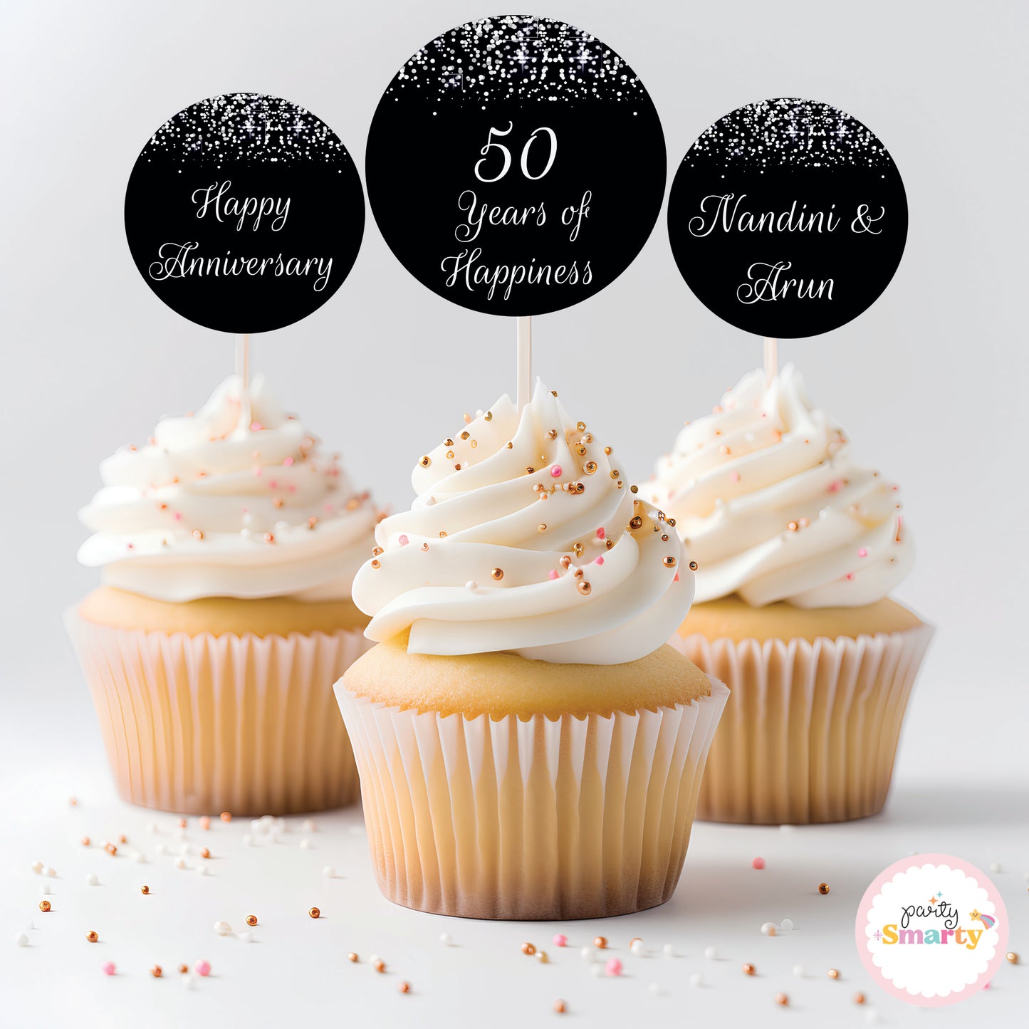 Black Silver Glitter Anniversary Cupcake Toppers (Set Of 12)