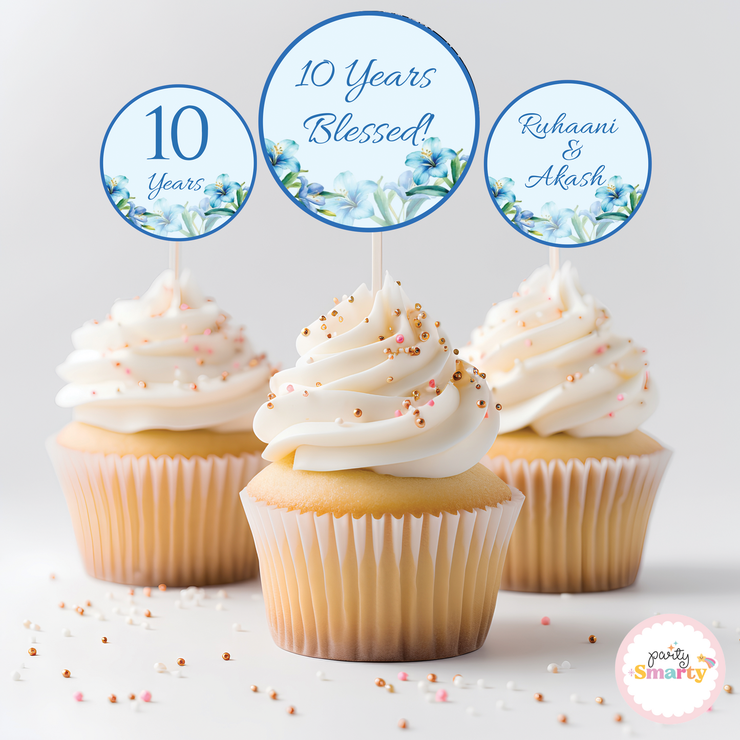 Blue Floral Anniversary Cupcake Toppers (Set Of 12)