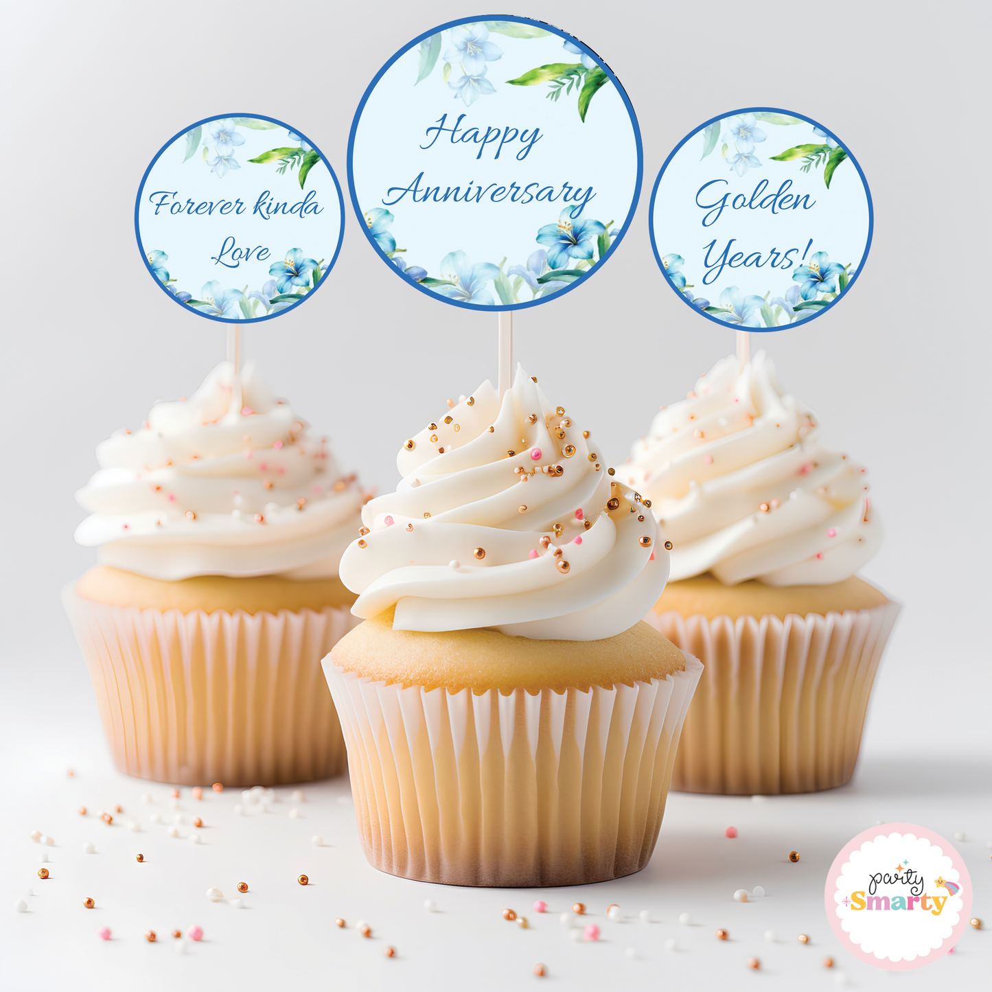 Blue Floral Anniversary Cupcake Toppers (Set Of 12)