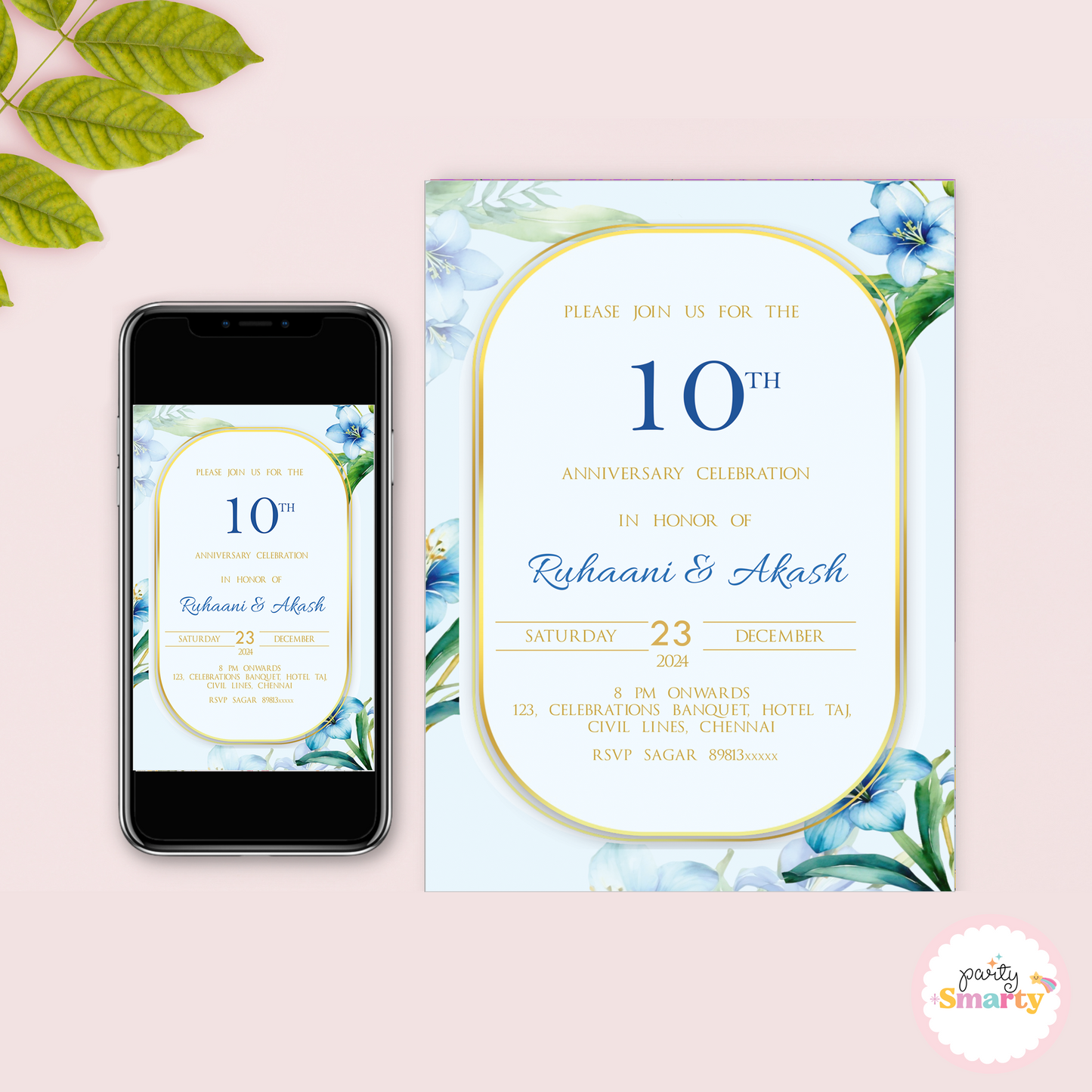 Blue Floral Anniversary Invite