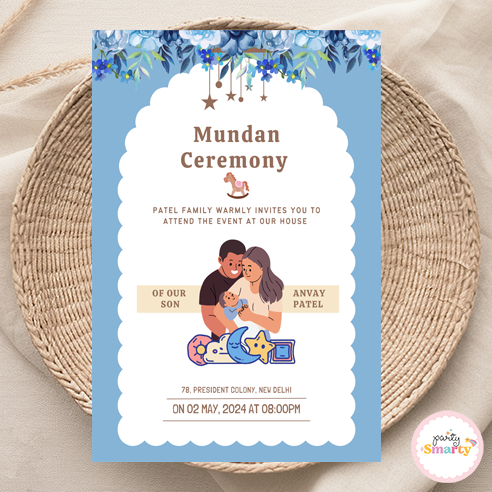Blue and White mundan ceremony Invite