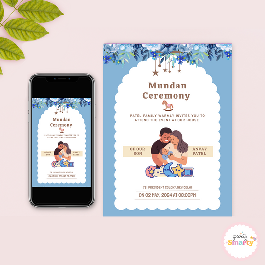 Blue and White mundan ceremony Invite
