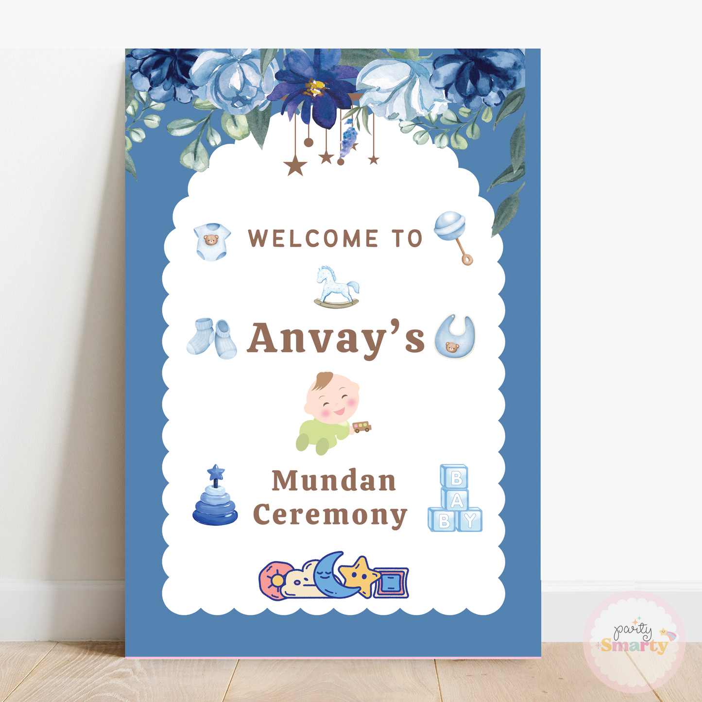 Blue and white mundan ceremony Welcome Board