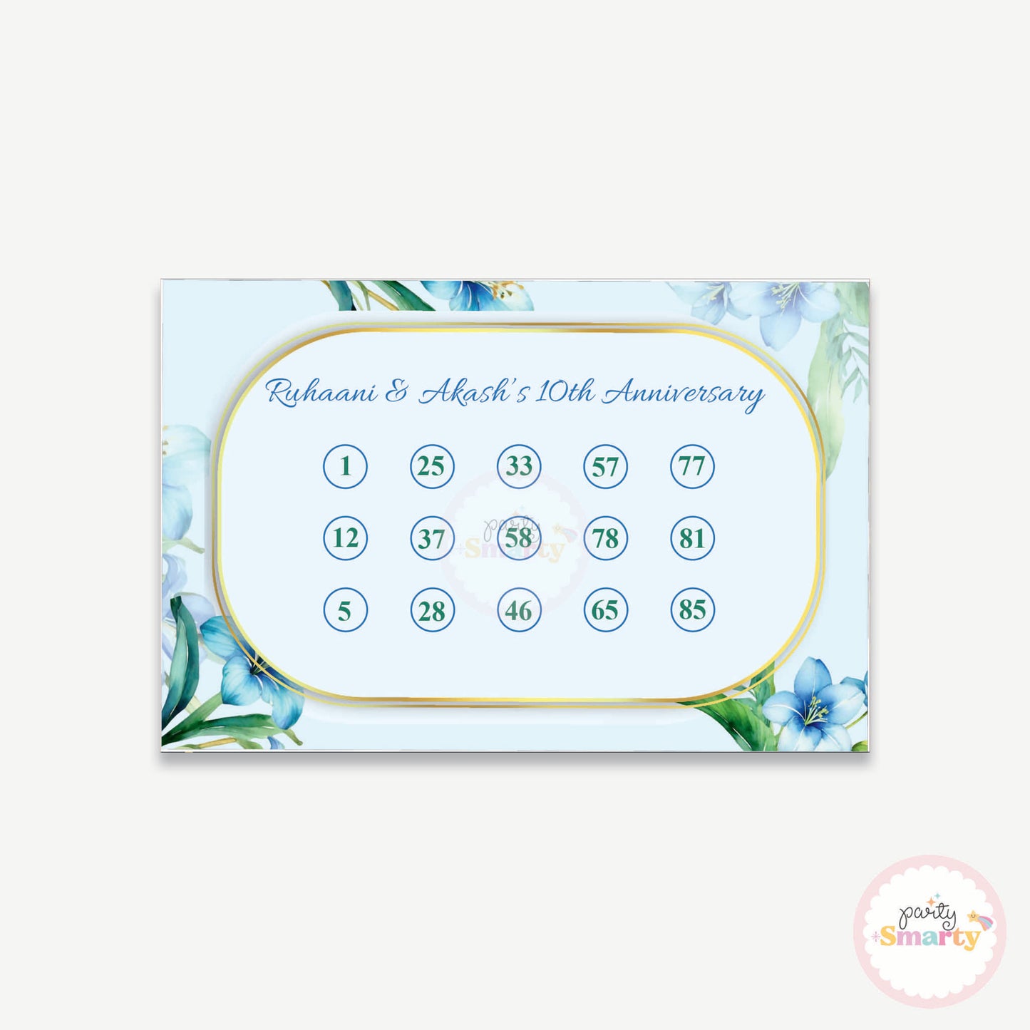 Blue Floral Anniversary Housie Ticket - Set of 15