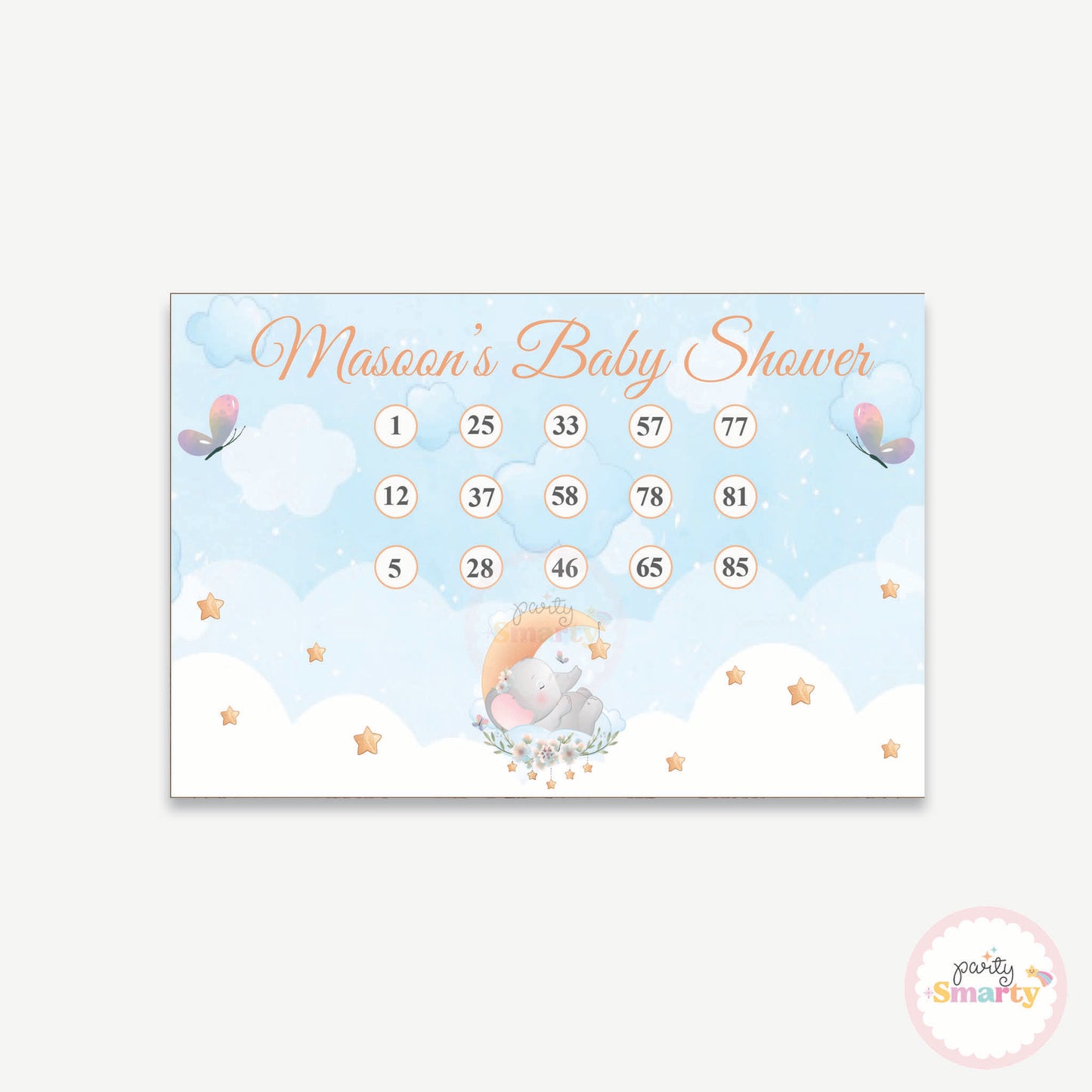 Elephant Baby Shower Housie Ticket - Set of 15