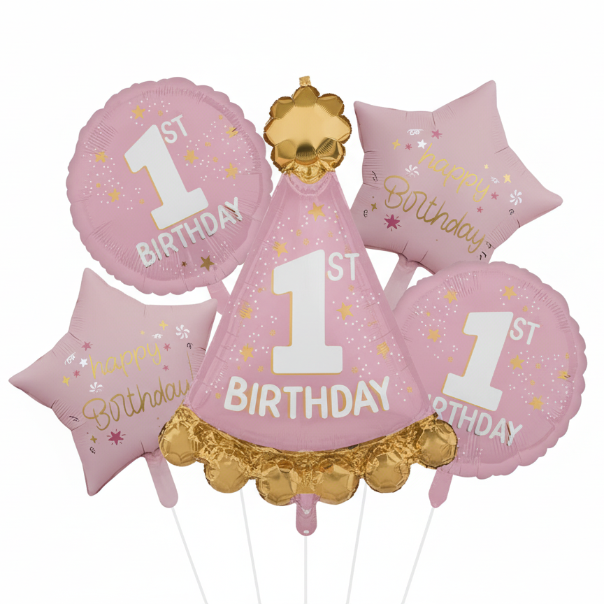 Pastel Pink Cap Star Assorted Foil 1st Birthday Theme Balloons