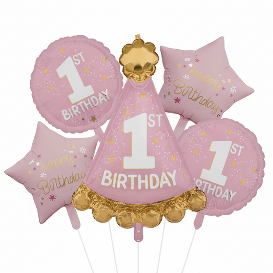 Pastel Pink Cap Star Assorted Foil 1st Birthday Theme Balloons