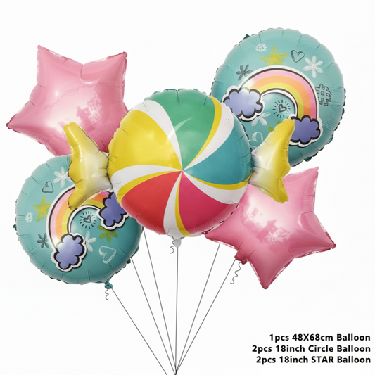 Pastel Rainbow Candy Assorted Foil Theme Balloons (Set of 5)