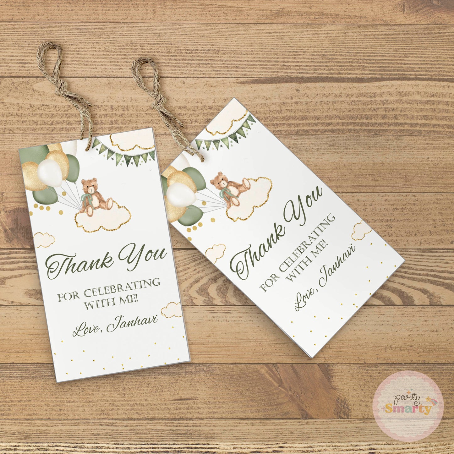 Green Teddy Baby Shower Thank You Tags - Set of 22
