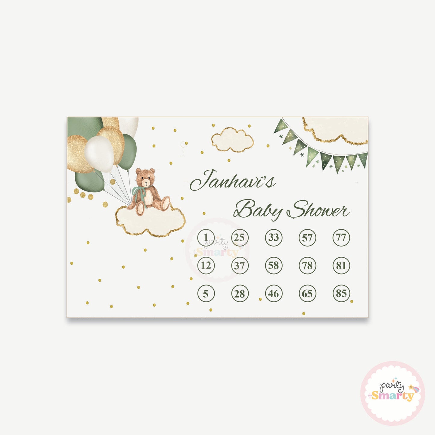 Green Teddy Baby Shower Housie Ticket - Set of 15