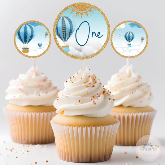 Hot Air Balloon Blue Cupcake Toppers (Set Of 12)