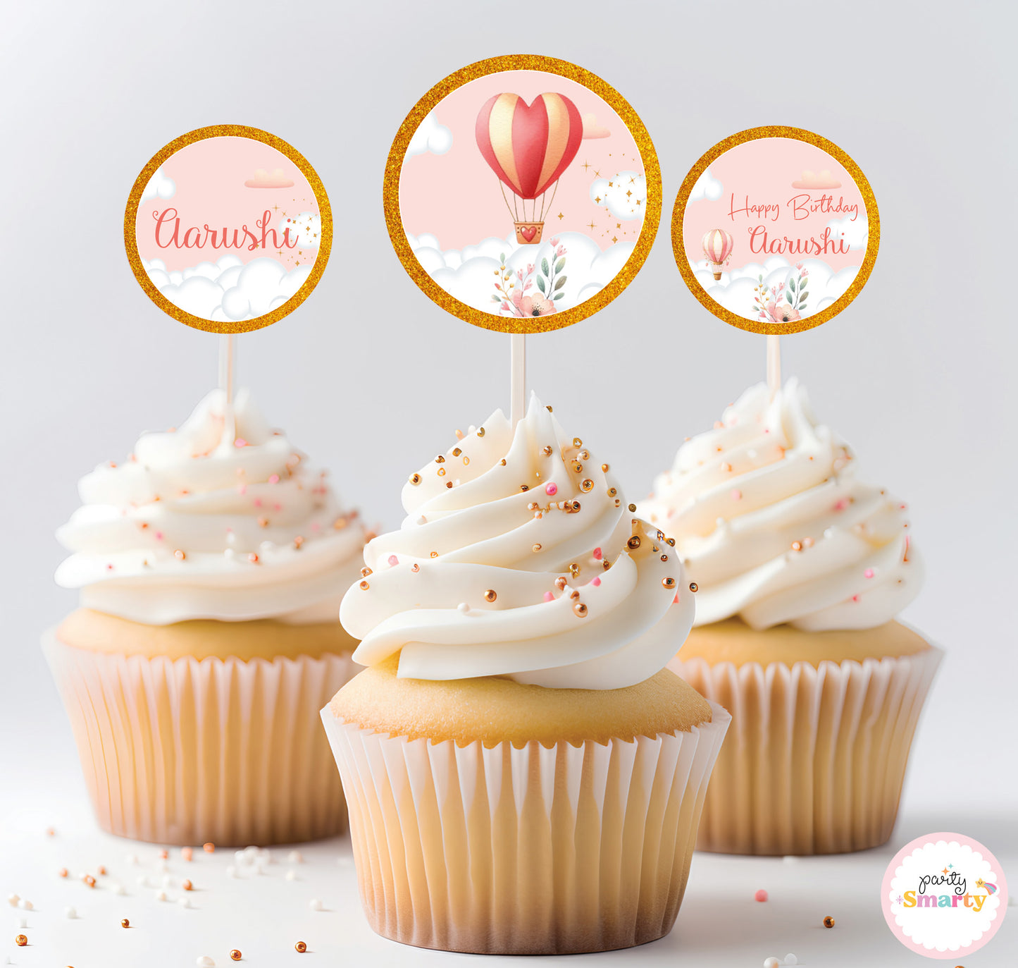 Hot Air Balloon Pink Cupcake Toppers (Set Of 12)