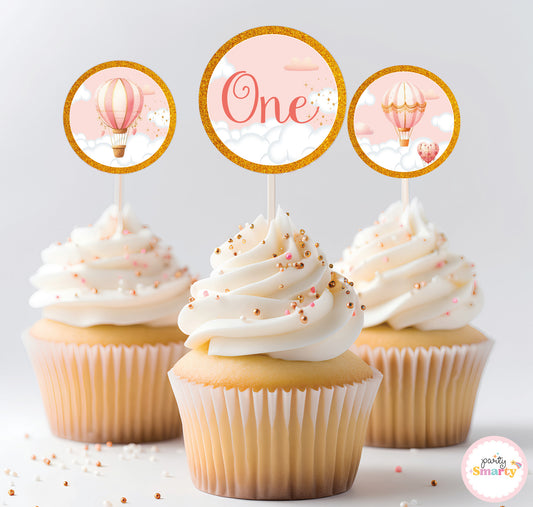 Hot Air Balloon Pink Cupcake Toppers (Set Of 12)