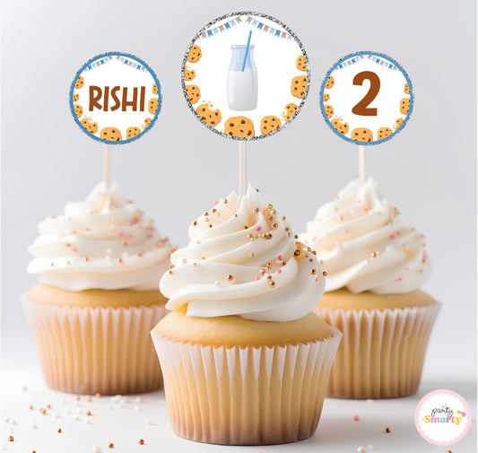 Milk & Cookies Blue Cupcake Toppers (Set Of 12)