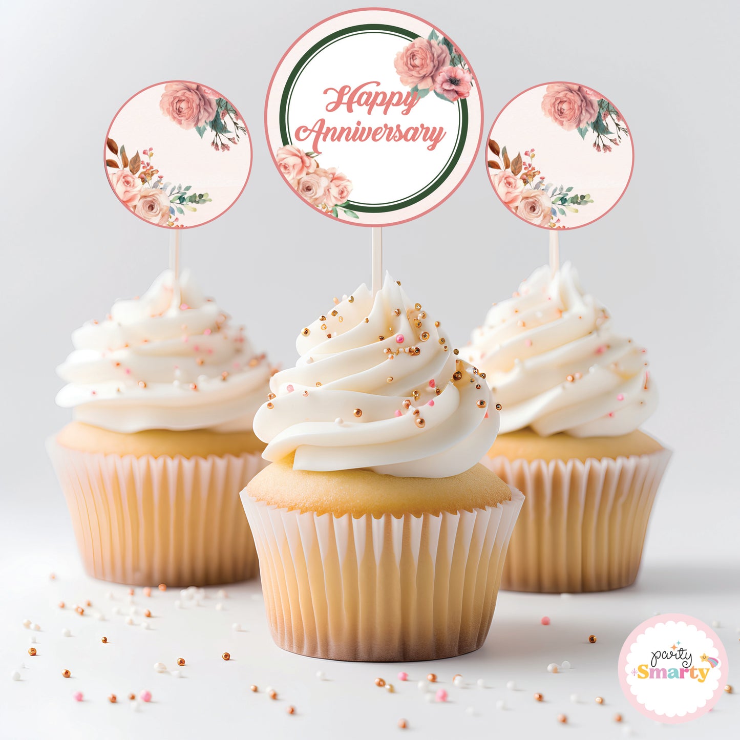 Peach Flower Anniversary Cupcake Toppers (Set Of 12)