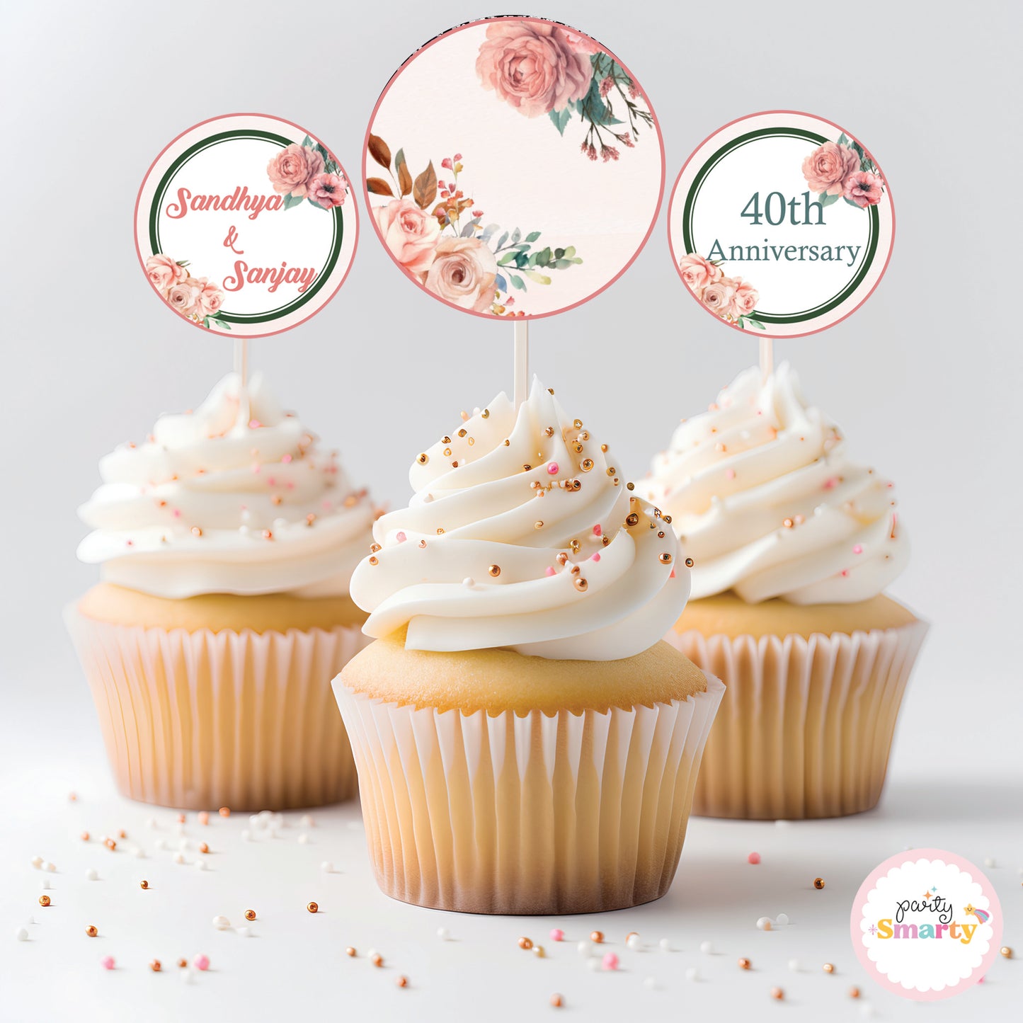 Peach Flower Anniversary Cupcake Toppers (Set Of 12)