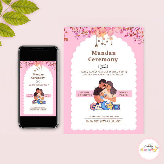 Pink and brown mundan ceremony Invite