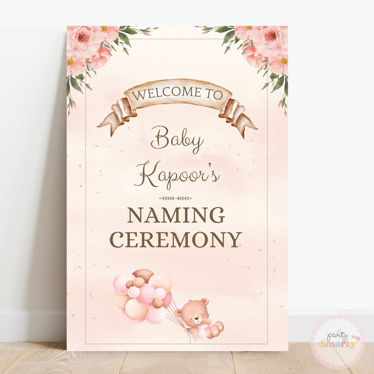 Beige and brown floral Naming Ceremony Welcome Board