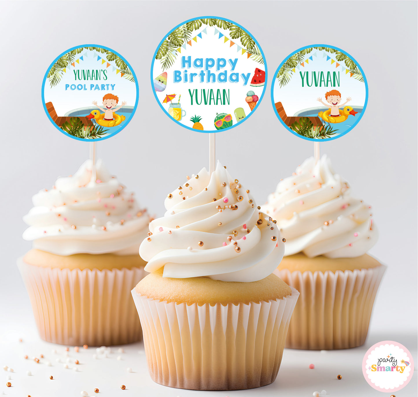 Pool Party Boy Cupcake Toppers (Set Of 12)
