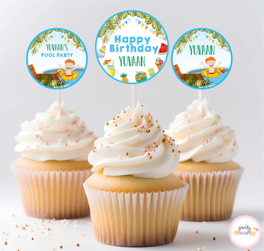 Pool Party Boy Cupcake Toppers (Set Of 12)