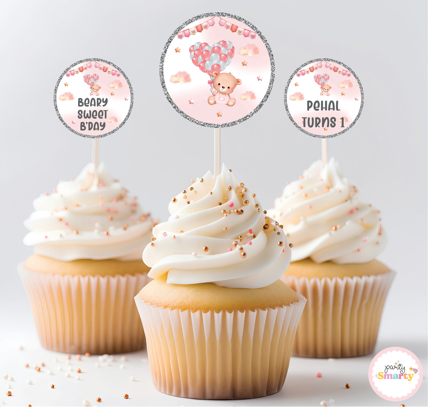 Teddy Bear Pink Cupcake Toppers (Set Of 12)