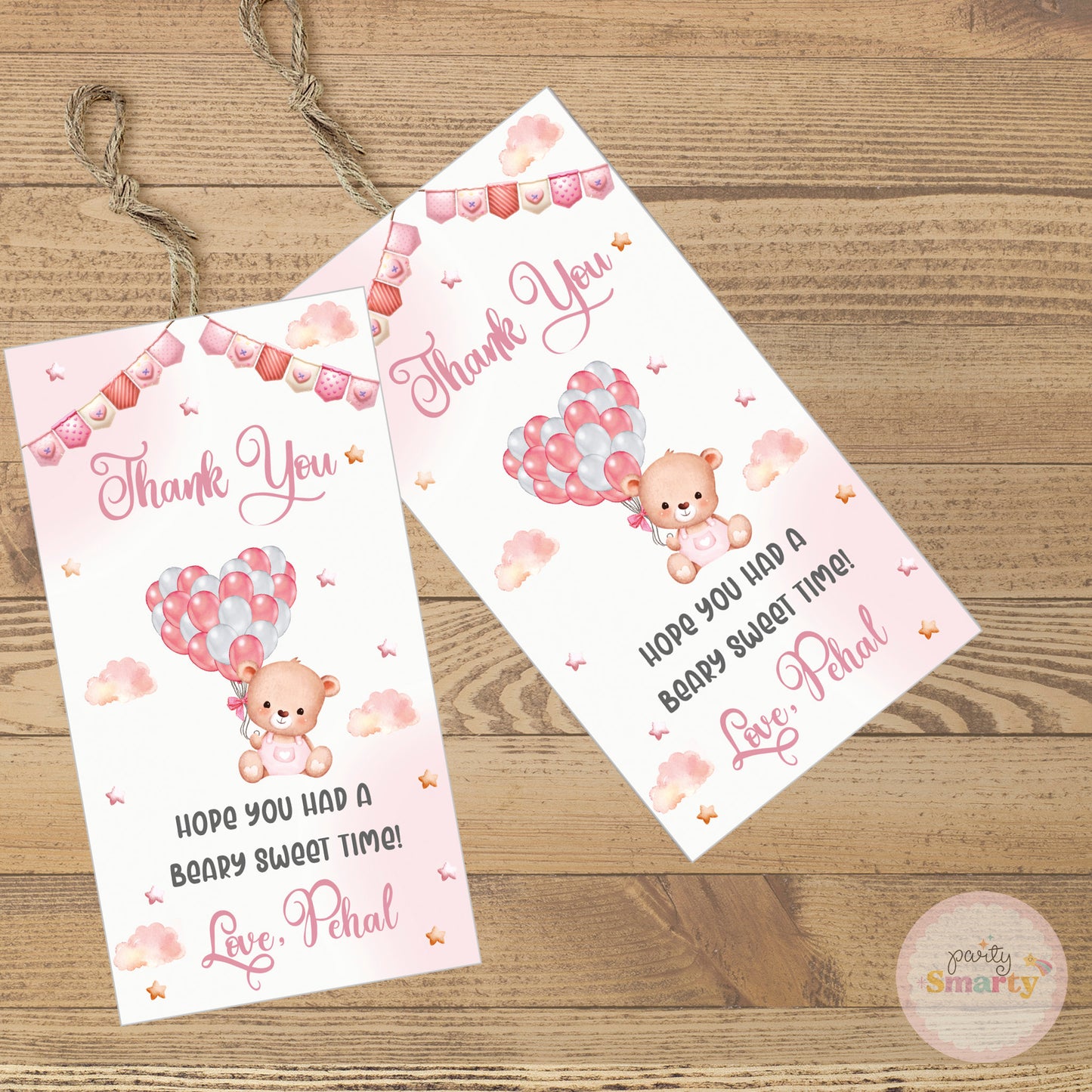 Teddy Bear Pink Thank You Tags - Set of 22