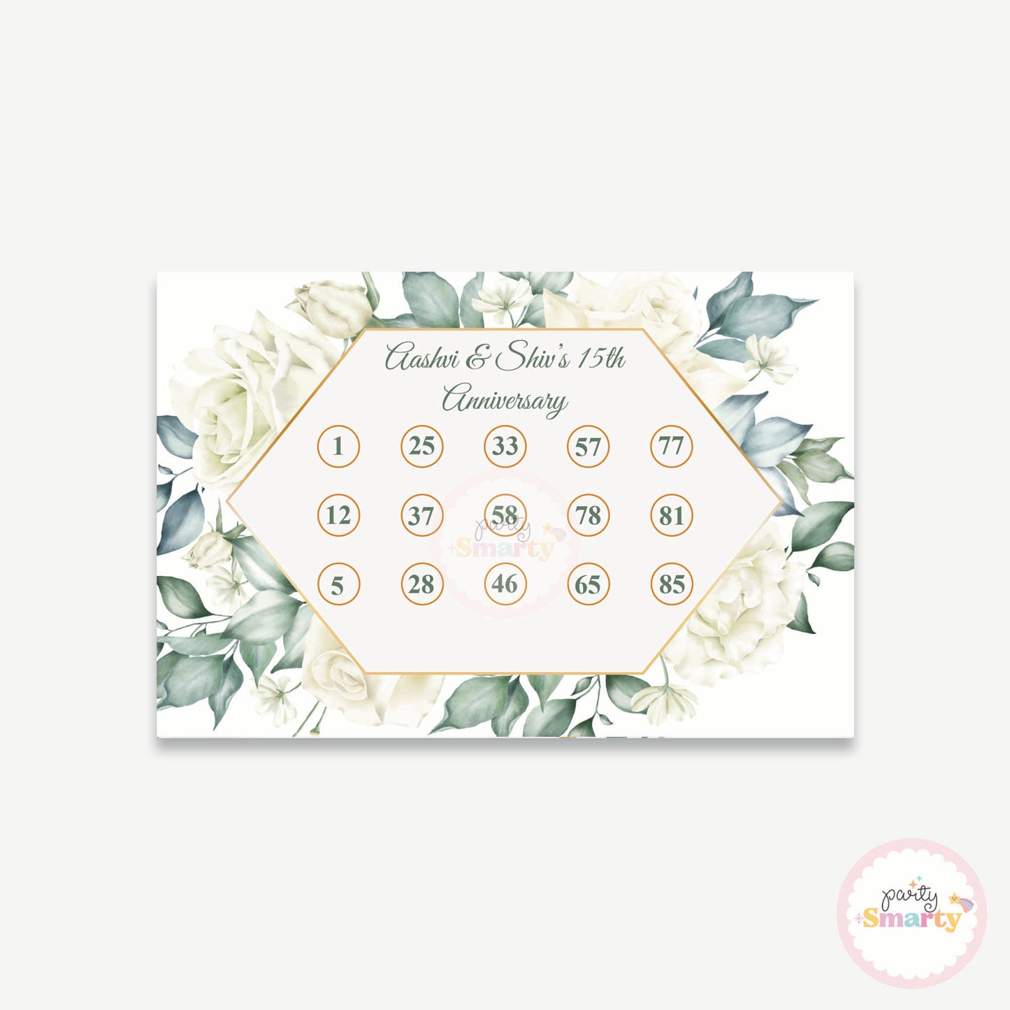 White Floral Anniversary Housie Ticket - Set of 15