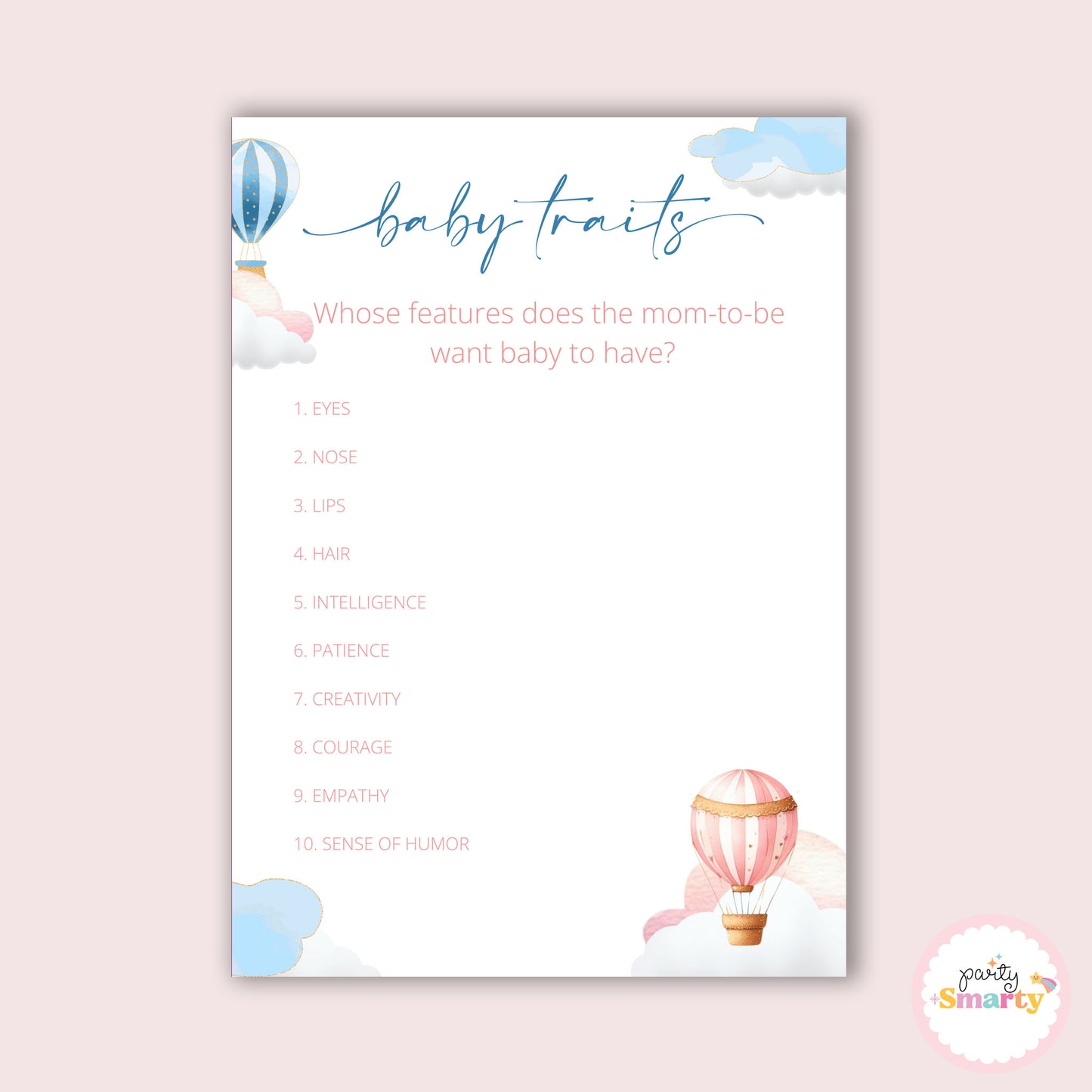 Hot Air Balloon Baby Shower - Baby traits game - Set of 10