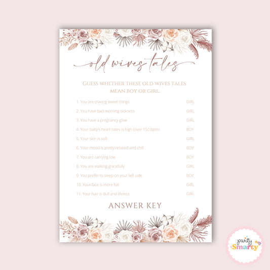 Boho Baby Shower - Old wives tales game - Set of 10