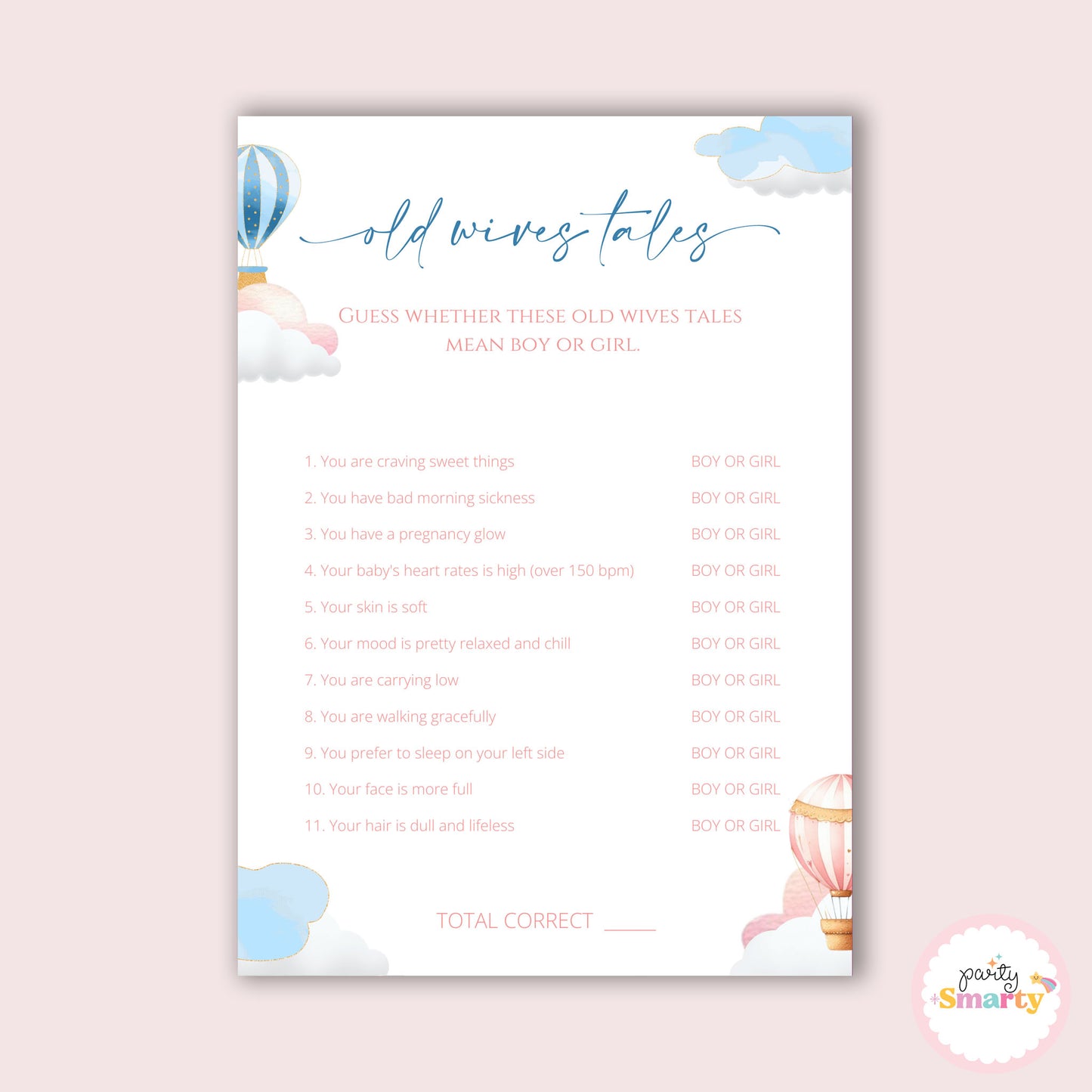 Hot Air Balloon Baby Shower - Old wives tales game - Set of 10