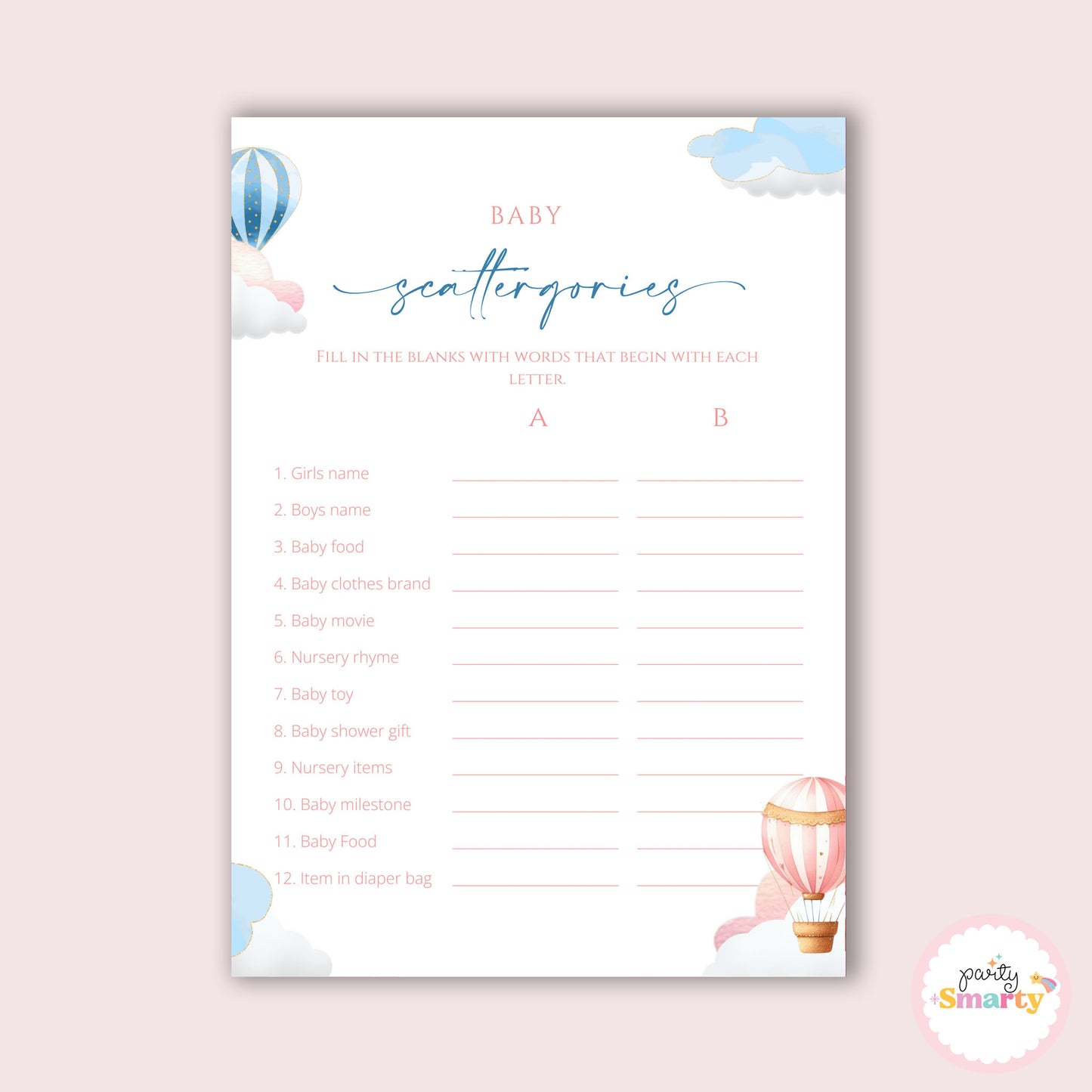Hot Air Balloon Baby Shower - Scattergories game - Set of 10