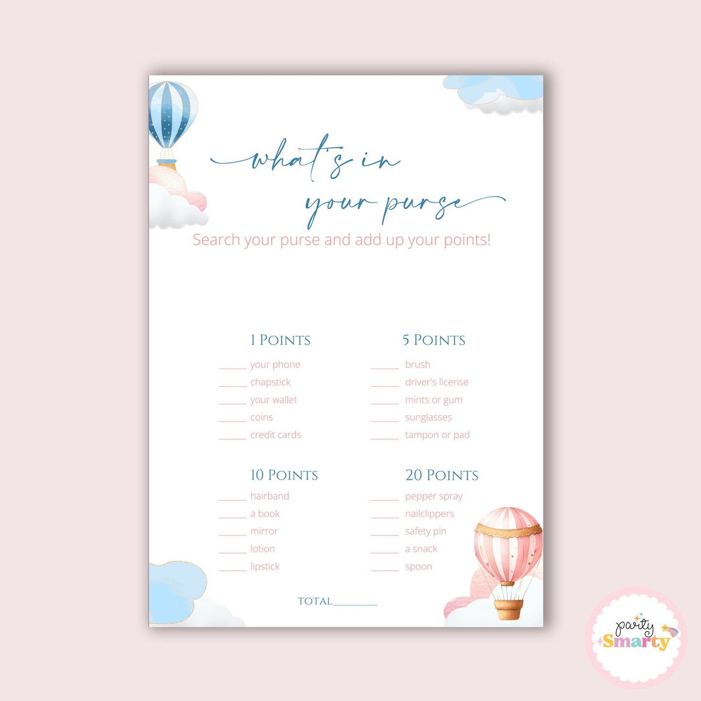 Hot Air Balloon Baby Shower - What's in your purse game - Set of 10