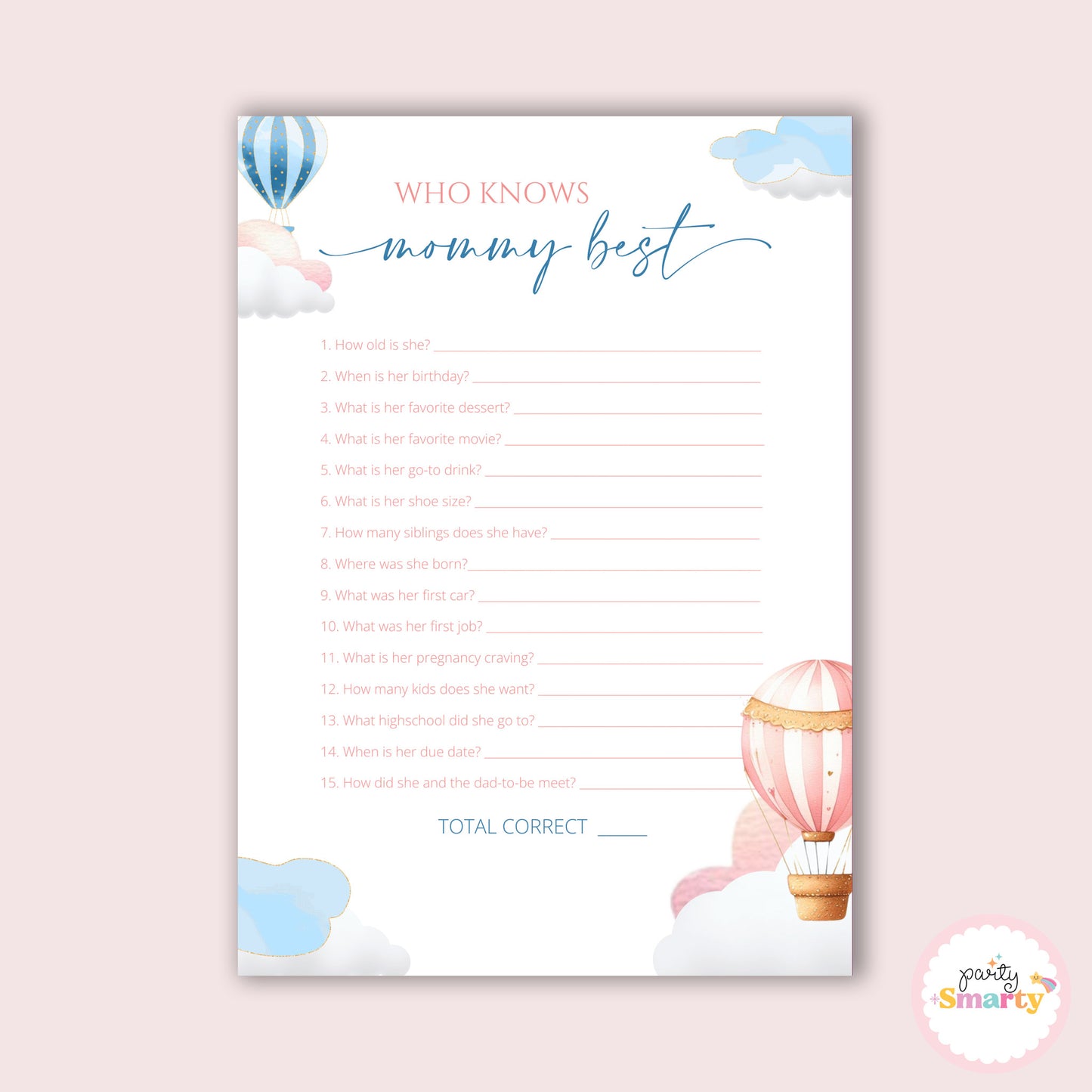 Hot Air Balloon Baby Shower - Who knows mommy best game - Set of 10