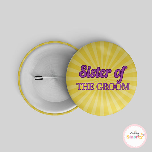Sister of the Groom Yellow Button Badge