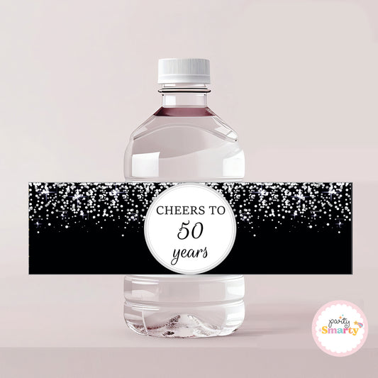 Black Silver Glitter Anniversary Bottle Label