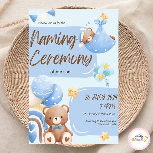 Blue and brown teddy naming ceremony invite