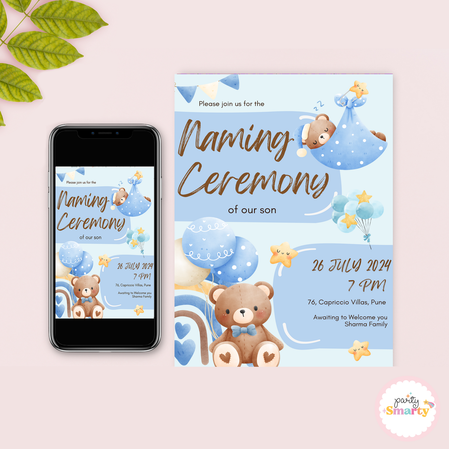 Blue and brown teddy naming ceremony invite
