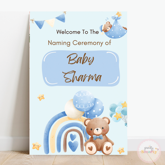 Blue and brown teddy naming ceremony Welcome Board