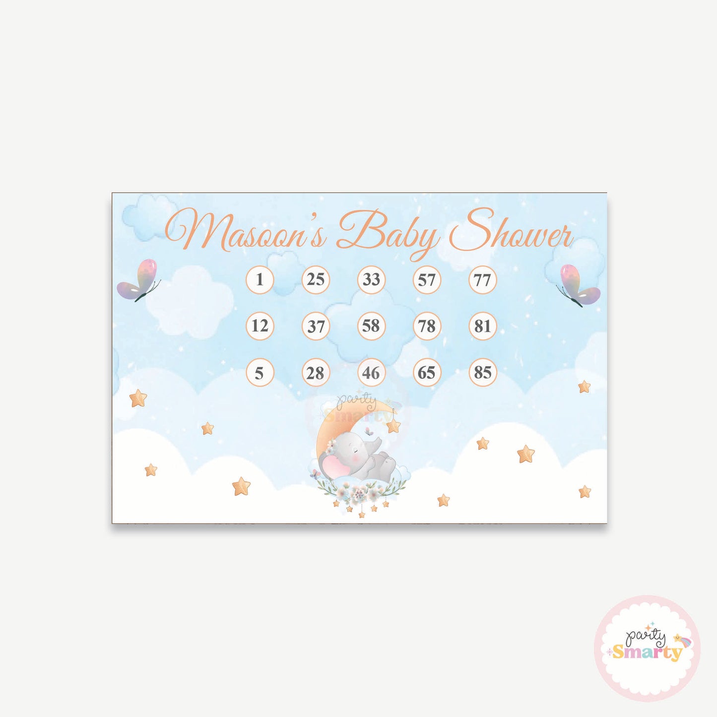 Elephant Baby Shower Housie Ticket