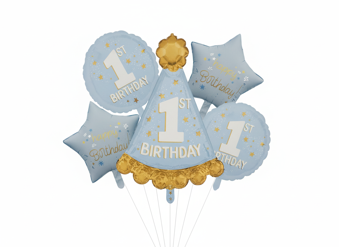 Pastel Blue Cap Star Assorted Foil 1st Birthday Theme Balloons