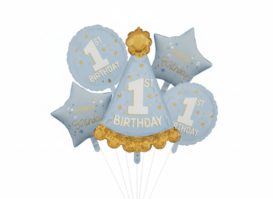 Pastel Blue Cap Star Assorted Foil 1st Birthday Theme Balloons