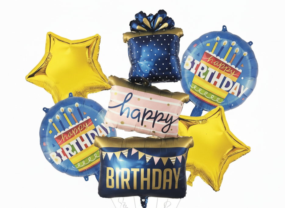 Blue & Gold Gift Happy Birthday Foil Theme Balloons (Set of 5)