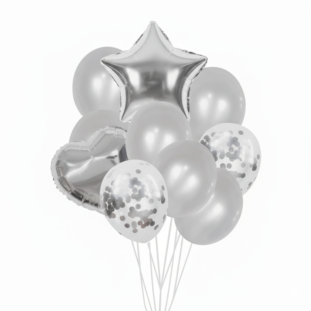 Silver Metallic Assorted Foil Theme Balloons (Set of 10)