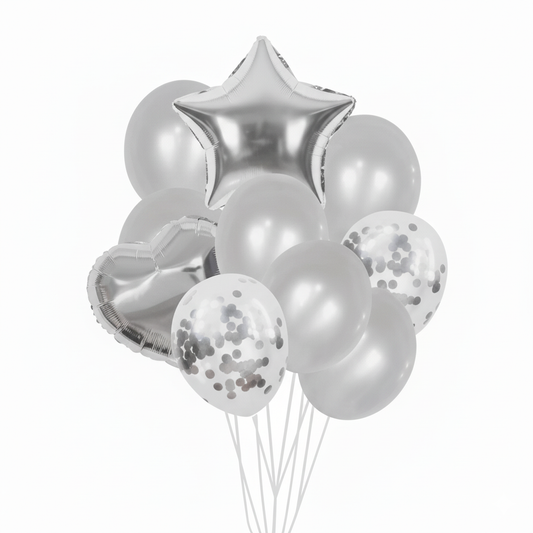 Silver Metallic Assorted Foil Theme Balloons (Set of 10)