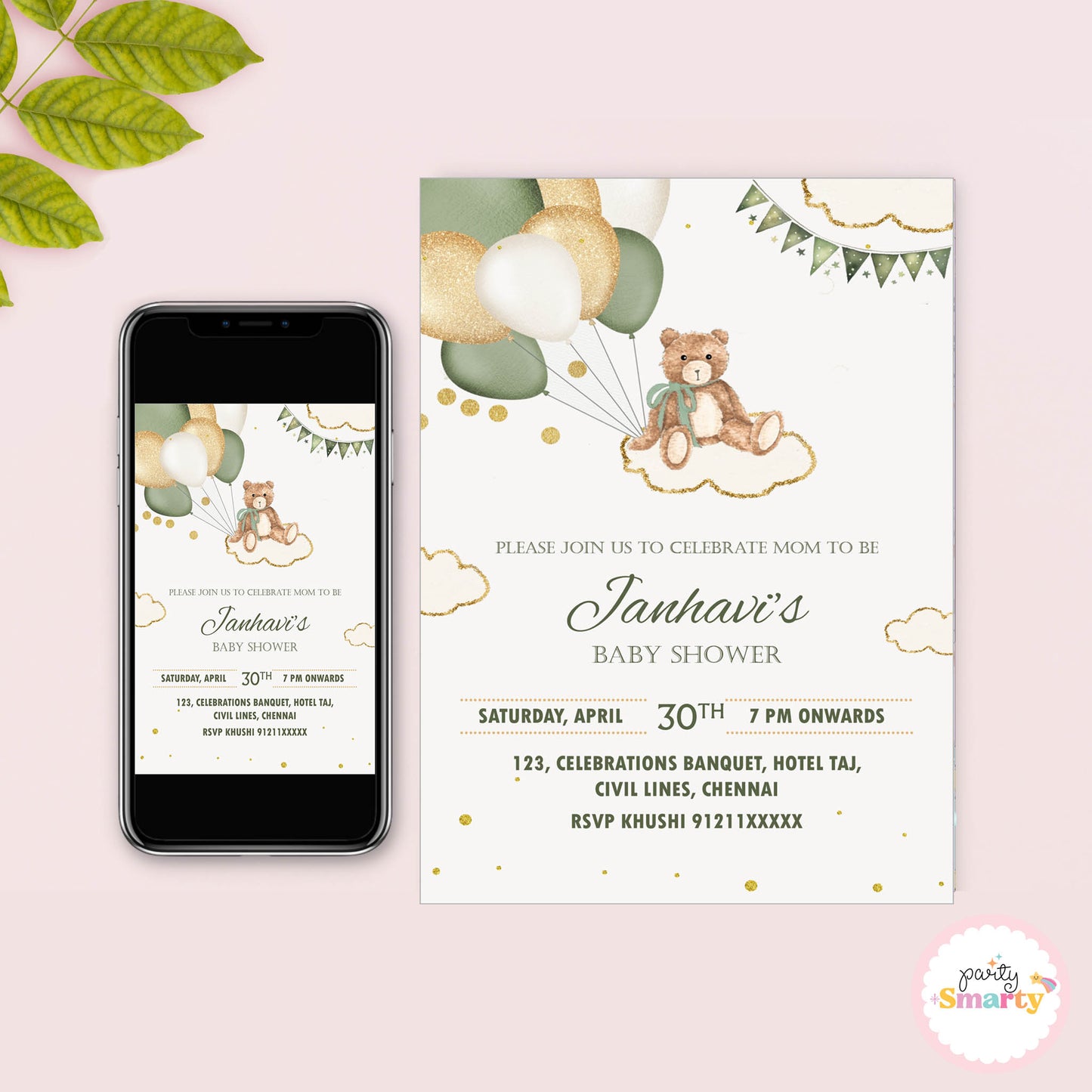 Green Teddy Baby Shower Invite