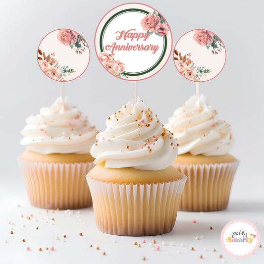 Peach Flower Anniversary Cupcake Topper